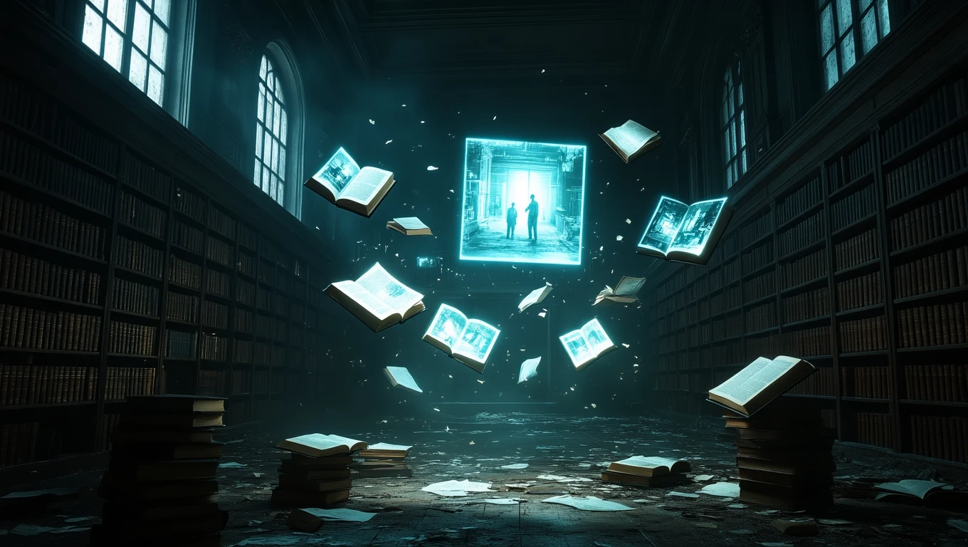 O bibliotecă întunecată cu cărți suspendate în aer, simbolizând căutarea adevărului și introspecția.