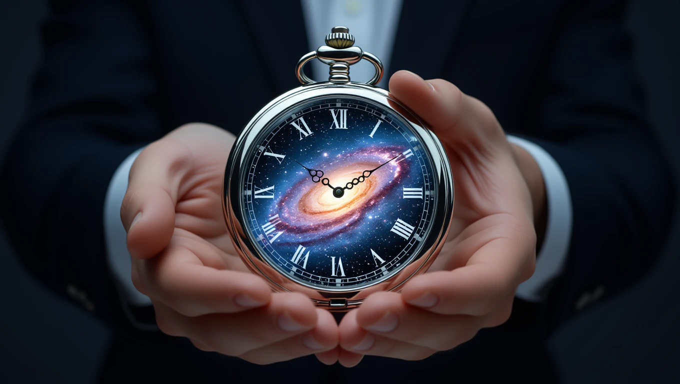 Un ceas elegant, cu un cadran care ilustrează o galaxie, ținut în mâinile unei persoane, simbolizând timpul și schimbarea.
