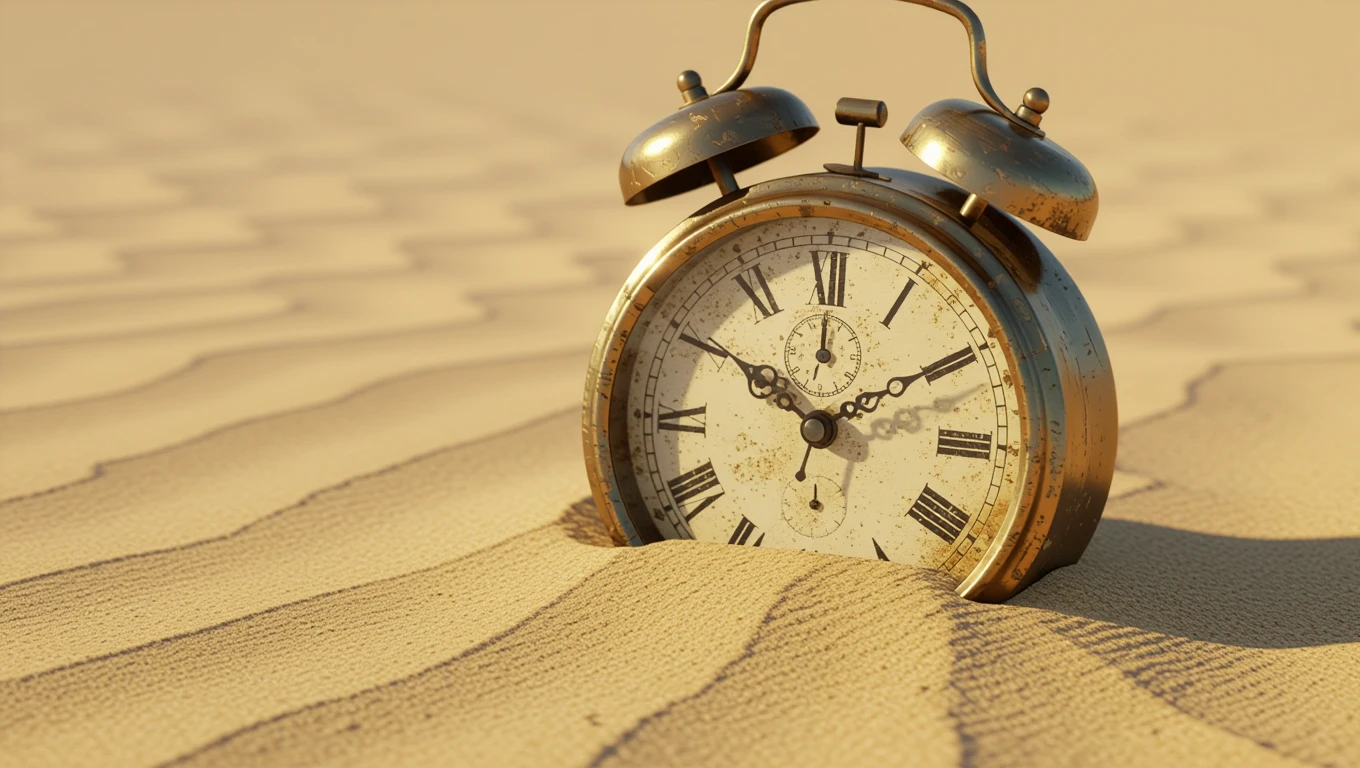 Un ceas vechi, cu cadran alb și cifre romane, îngropat parțial în nisip, simbolizând trecerea timpului și efemeritatea.
