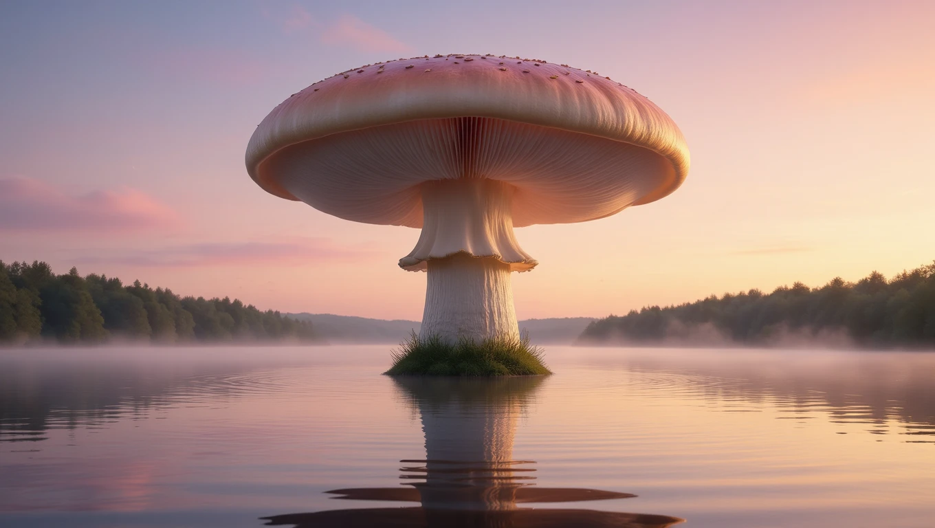 O ciupercă mare, cu pălărie roz, se ridică deasupra unui lac liniștit, înconjurată de vegetație.