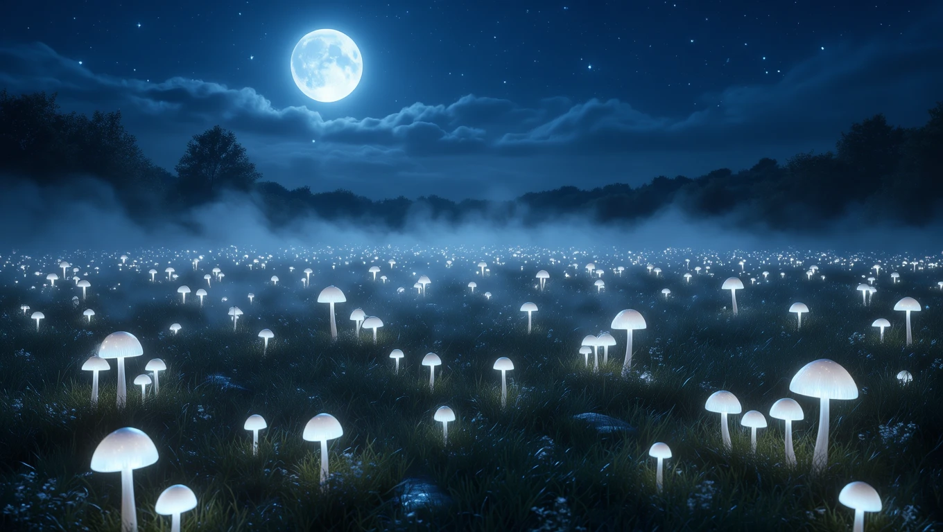 Un câmp nocturn plin de ciuperci luminoase, sub un cer înstelat și o lună strălucitoare.
