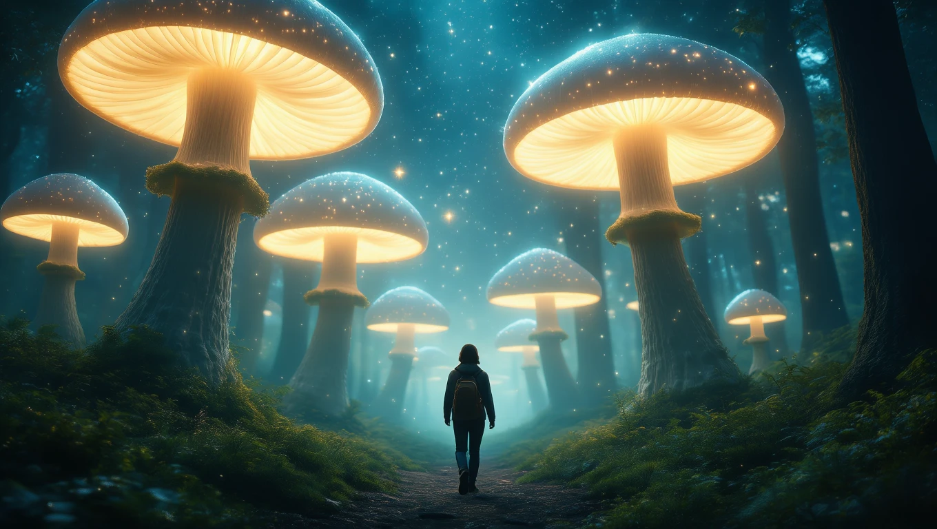 O persoană merge pe un drum de pădure, înconjurată de ciuperci luminoase, simbolizând transformarea și potențialul ascuns.