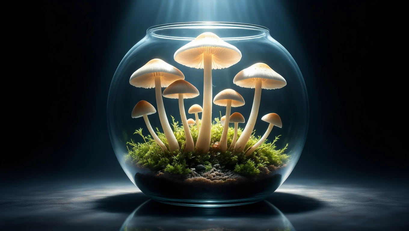 Un bol de sticlă conține ciuperci albe strălucitoare, crescând pe un pat de mușchi verde, simbolizând transformarea și potențialul ascuns.