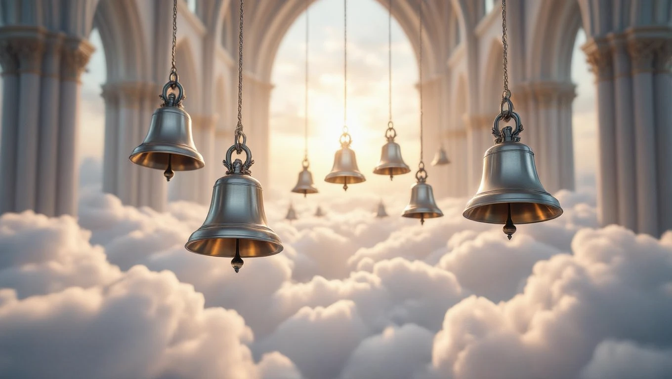 Imagine cu clopote suspendate în nori, simbolizând mesaje importante și trezire spirituală.