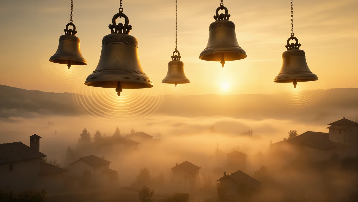 Imagine cu clopote suspendate, în lumina aurie a răsăritului, simbolizând mesaje importante și treziri spirituale.