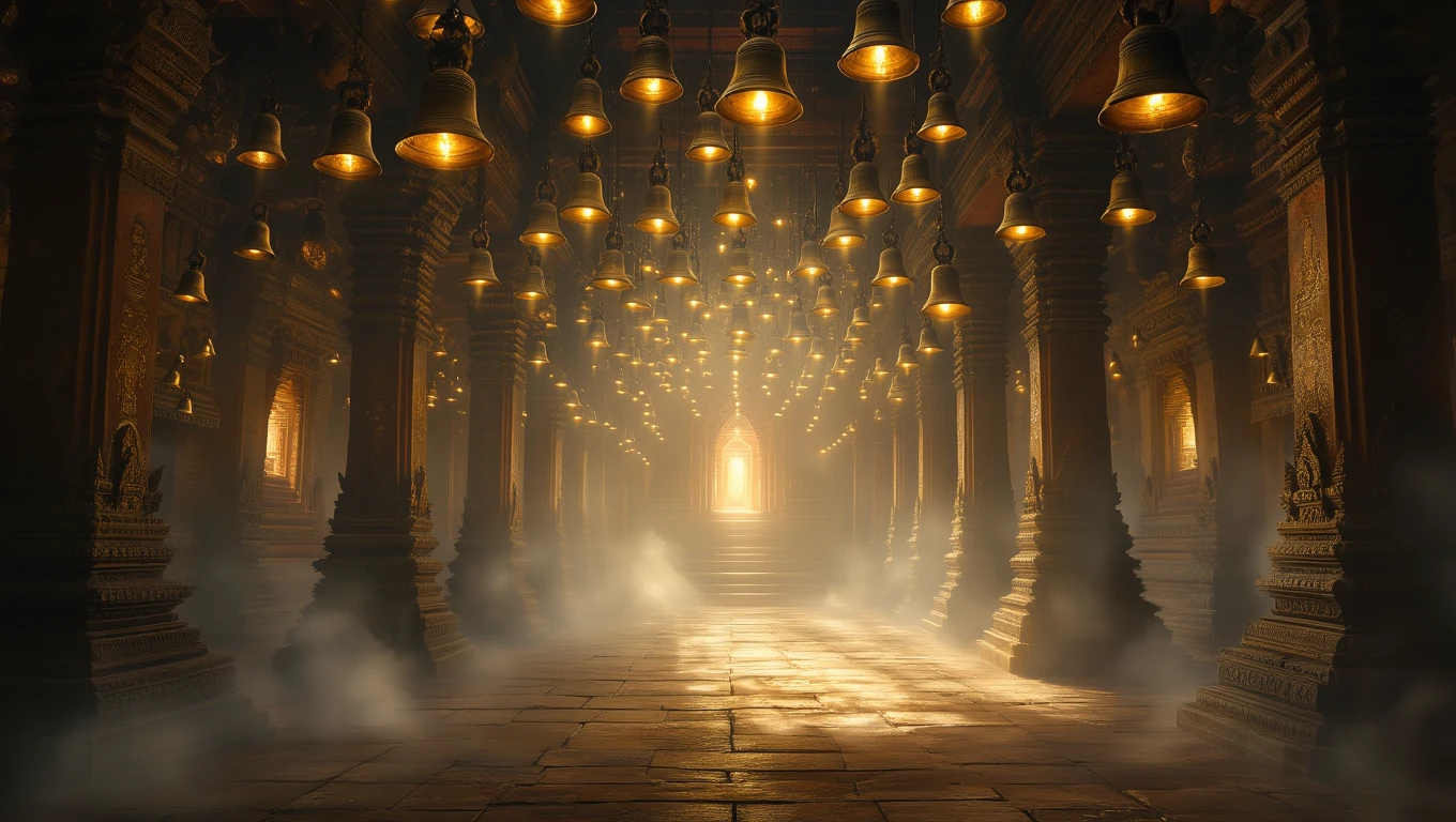 O încăpere vastă, iluminată de clopote suspendate, simbolizând trezirea spirituală și schimbările importante din viață.