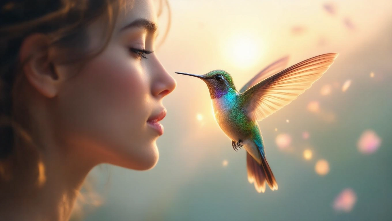 O femeie contemplativă se află față în față cu un colibri colorat, simbolizând bucurie și oportunități noi.