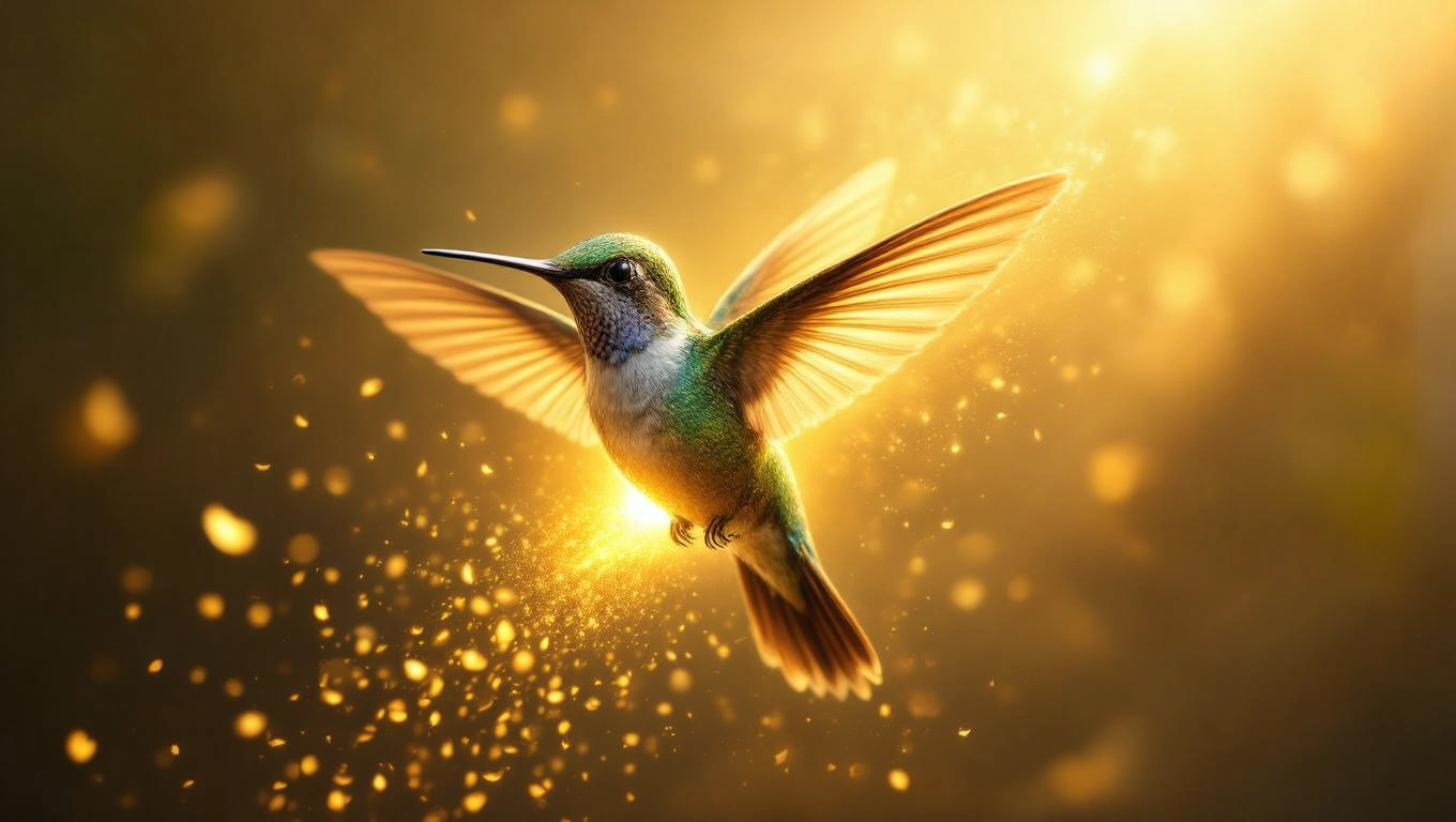 Un colibri zburând cu aripile desfăcute, învăluit în lumina aurie, simbolizând bucurie și oportunități.