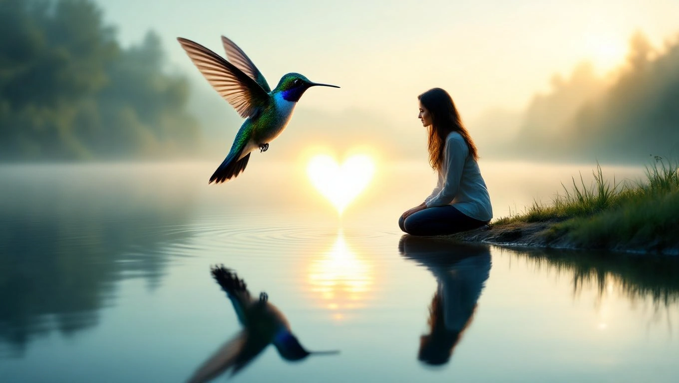 O femeie meditând lângă apă, în fața unui colibri colorat, simbolizând bucurie și oportunități.