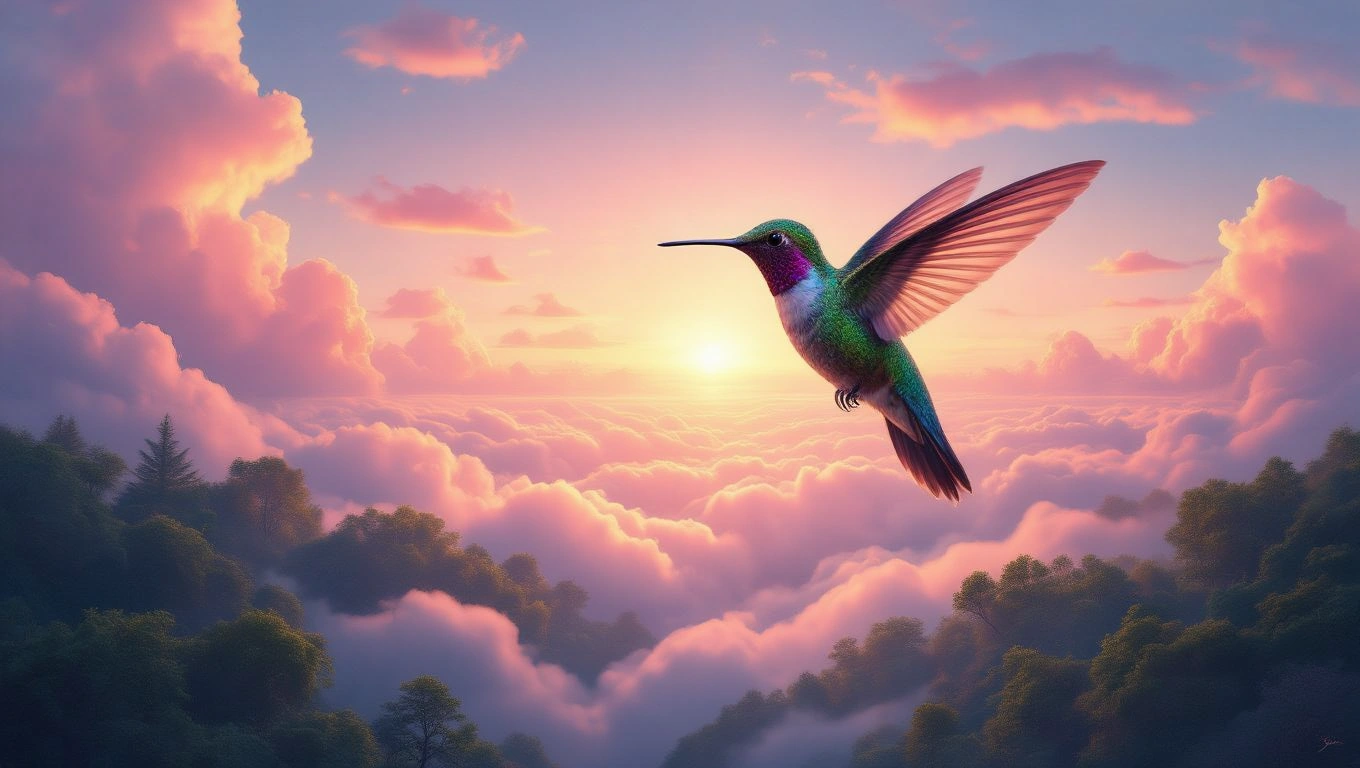 Un colibri colorat zboară printre nori, simbolizând bucurie și oportunități noi.