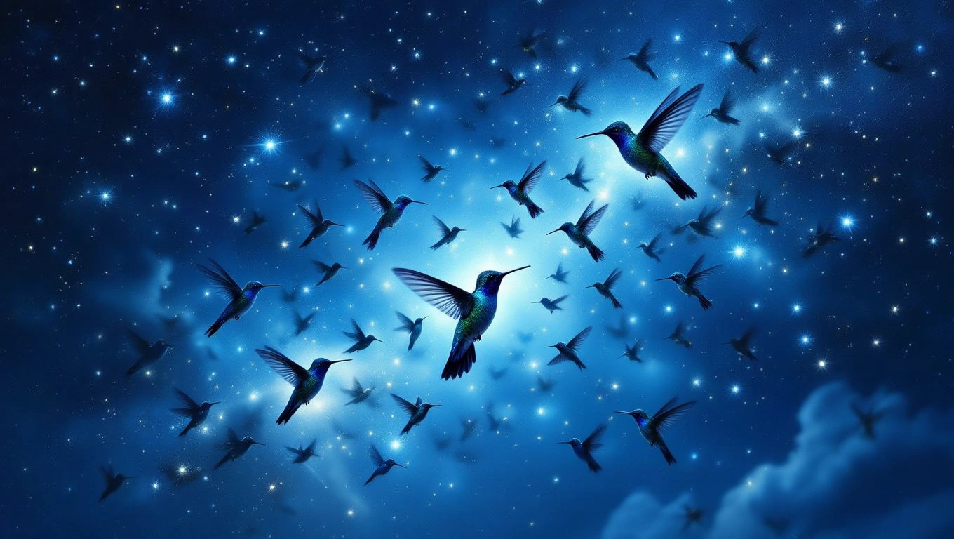Un grup de colibri zburând pe un fundal albastru înstelat, simbolizând bucurie și oportunități.