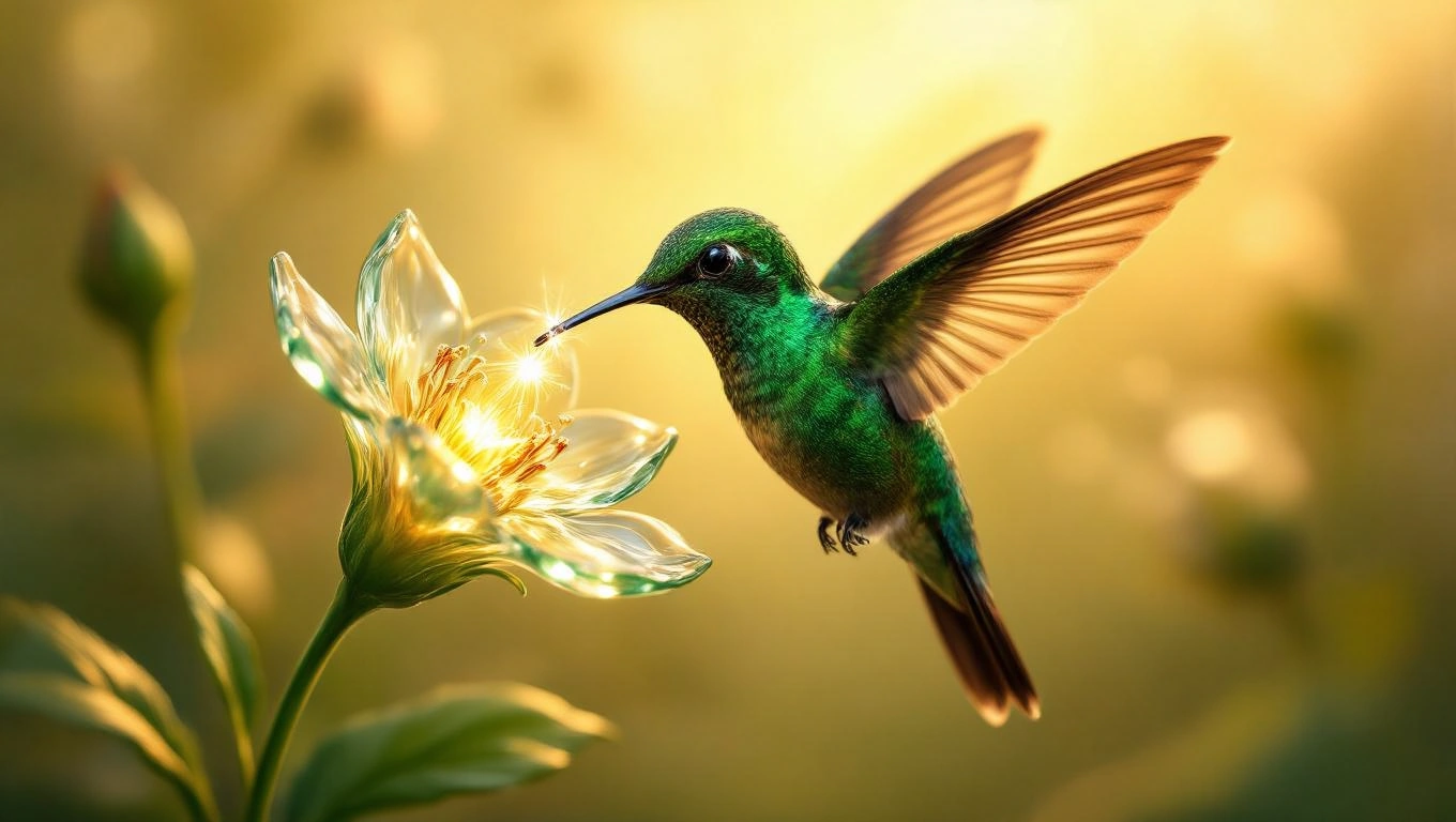 Un colibri vibrant zboară spre o floare strălucitoare, simbolizând bucuria și oportunitățile din viață.