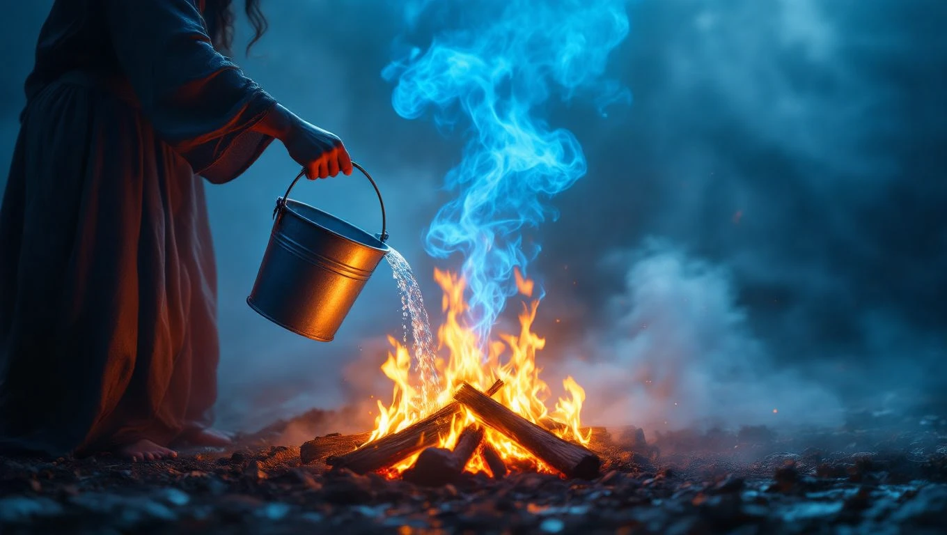 O persoană stinge un foc cu apă, simbolizând controlul asupra emoțiilor și depășirea obstacolelor.