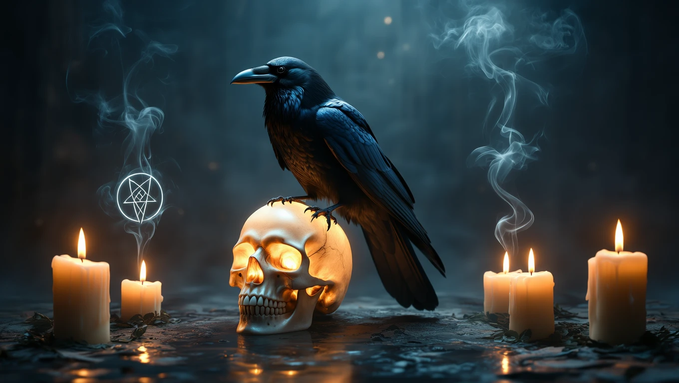 Un corb negru stă pe o craniu iluminat, înconjurat de lumânări aprinse și fum, simbolizând misterul viselor.