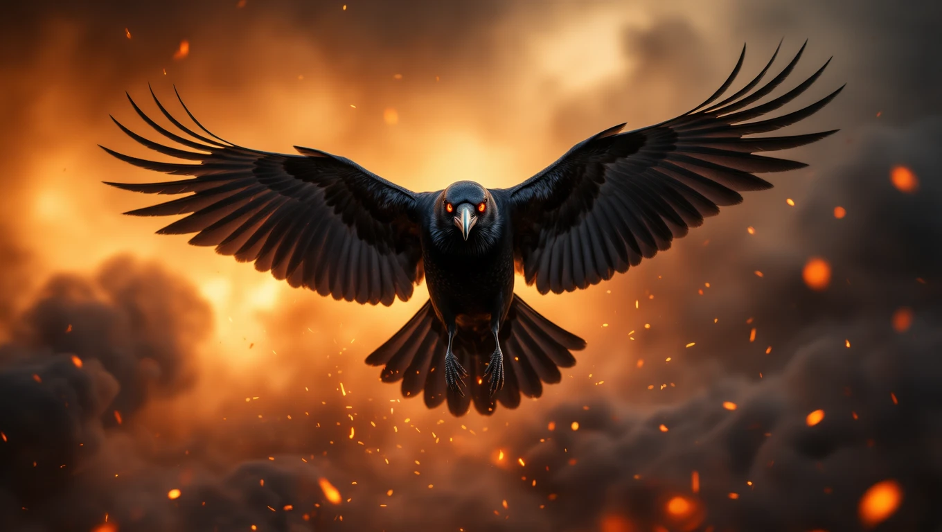 Un corb negru cu aripile desfăcute, zburând printr-un peisaj dramatic, cu flăcări și nori întunecați în fundal.