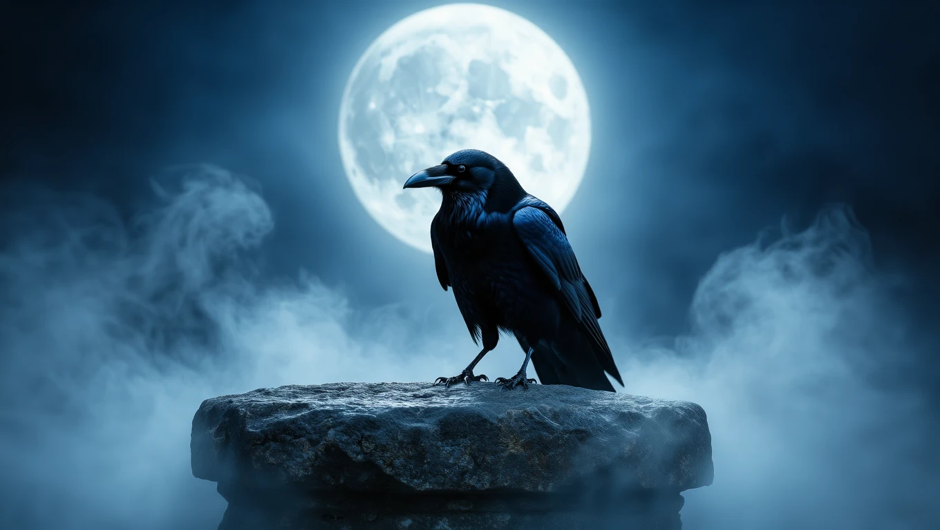 Un corb negru stă pe o piatră, iluminat de lumina lunii pline, înconjurat de ceață misterioasă.