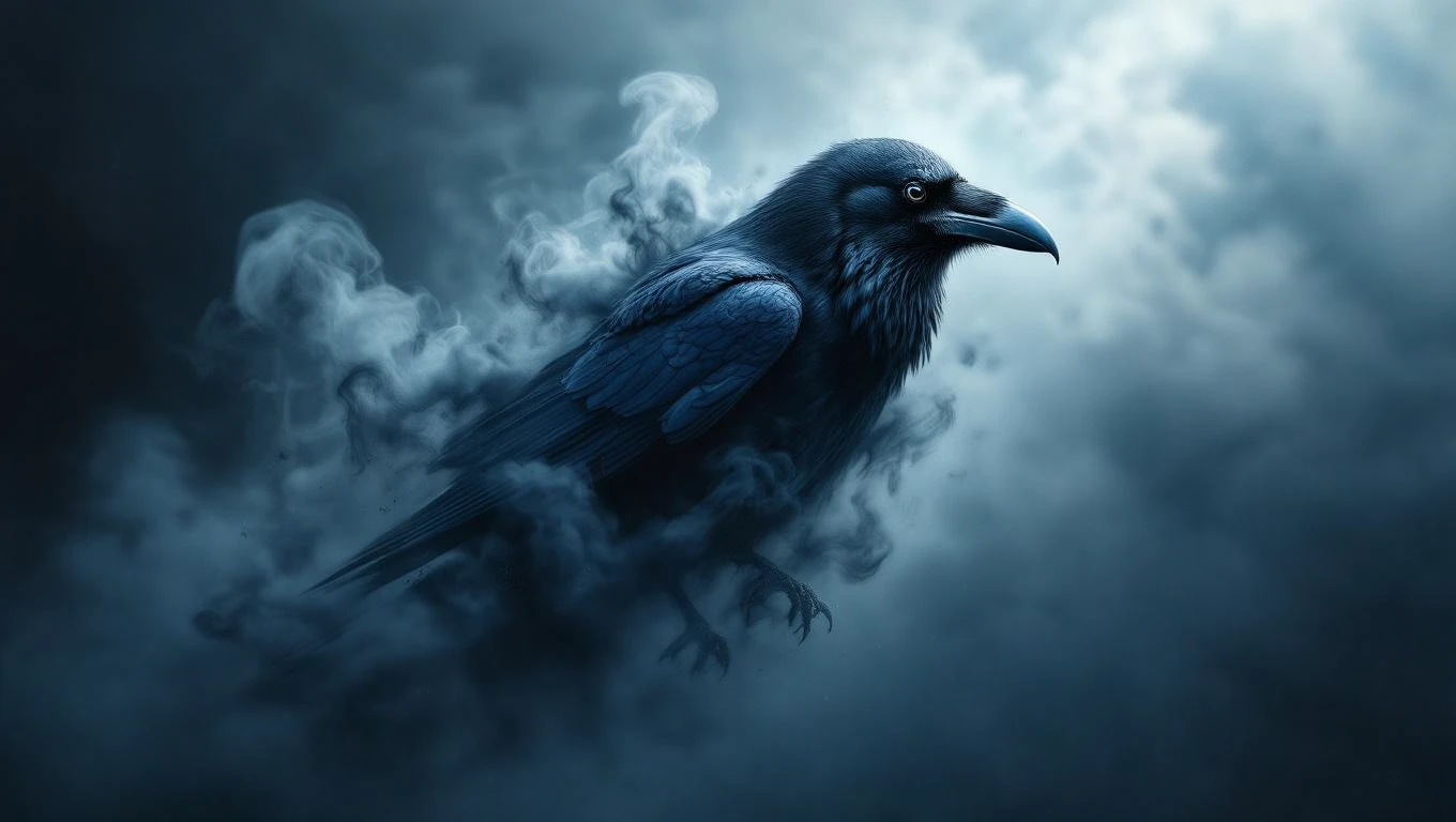 Un corb negru, cu pene strălucitoare, se află în mijlocul unei atmosfere misterioase, învăluit în ceață.