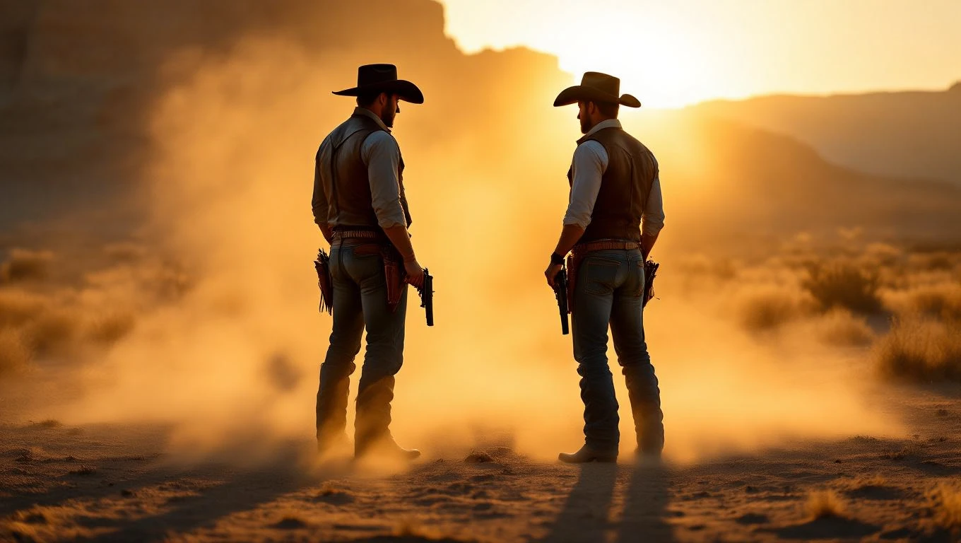 Doi cowboys în fața unui apus de soare, înconjurați de praf, simbolizând aventura și curajul.