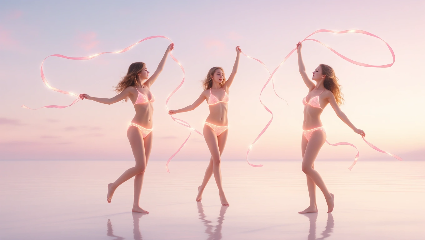 Trei fete în bikini roz dansează pe o suprafață de apă, ținând panglici strălucitoare, într-un peisaj de apus.