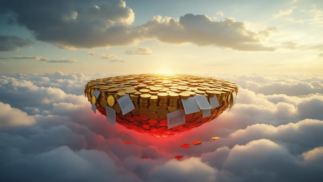 O masă de monede strălucitoare plutind pe nori, simbolizând datoriile și responsabilitățile nerezolvate.