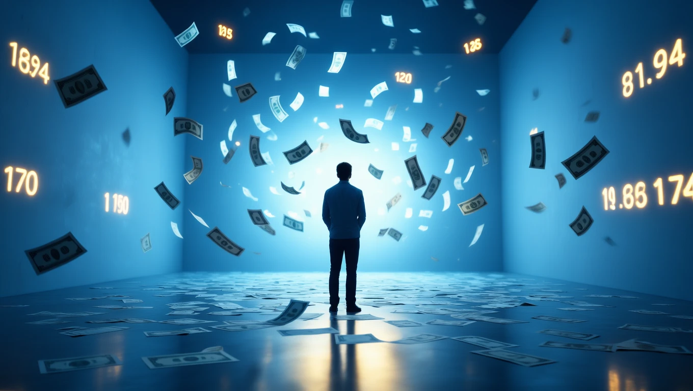 Un bărbat stă în mijlocul unei camere pline de bancnote care plutesc, simbolizând datoriile și responsabilitățile.