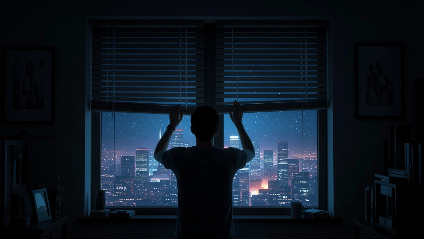 O persoană stând în fața unei feronierii, deschizând jaluzelele pentru a privi orașul noaptea, simbolizând dorința de intimitate și descoperire.