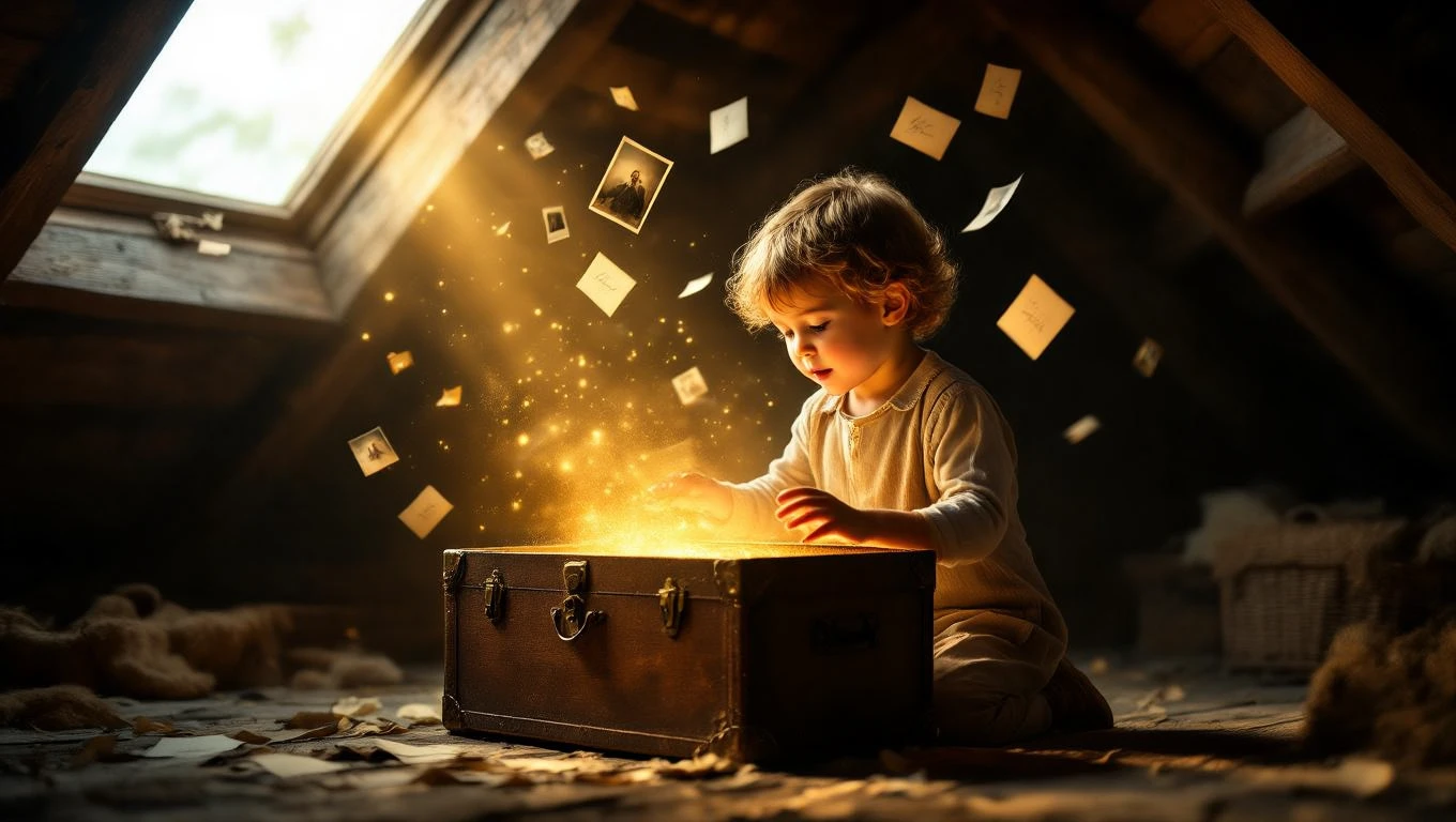 Un copil descoperă o ladă plină de lumini și amintiri în pod, simbolizând tranziții și noi începuturi.