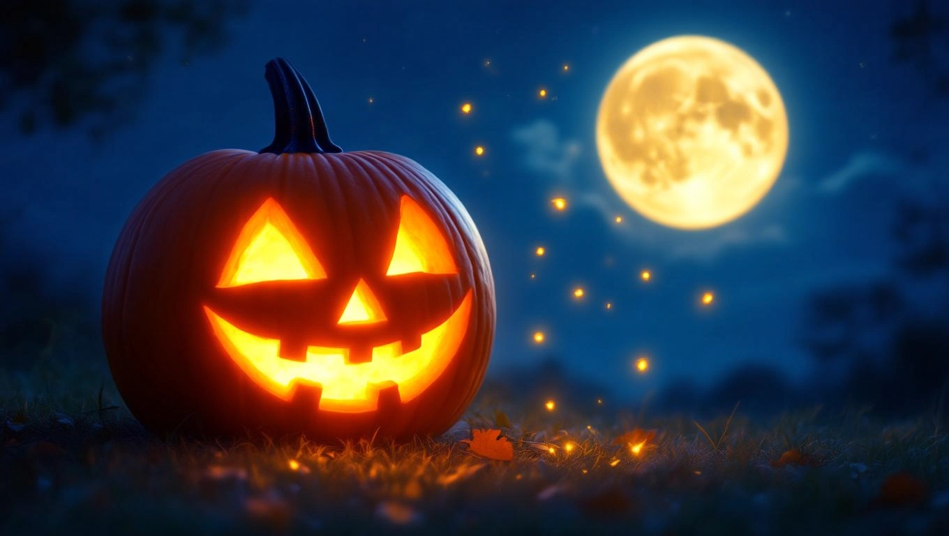 Un dovleac sculptat cu un zâmbet strălucitor, iluminat de lumina lunii pe un fundal întunecat.