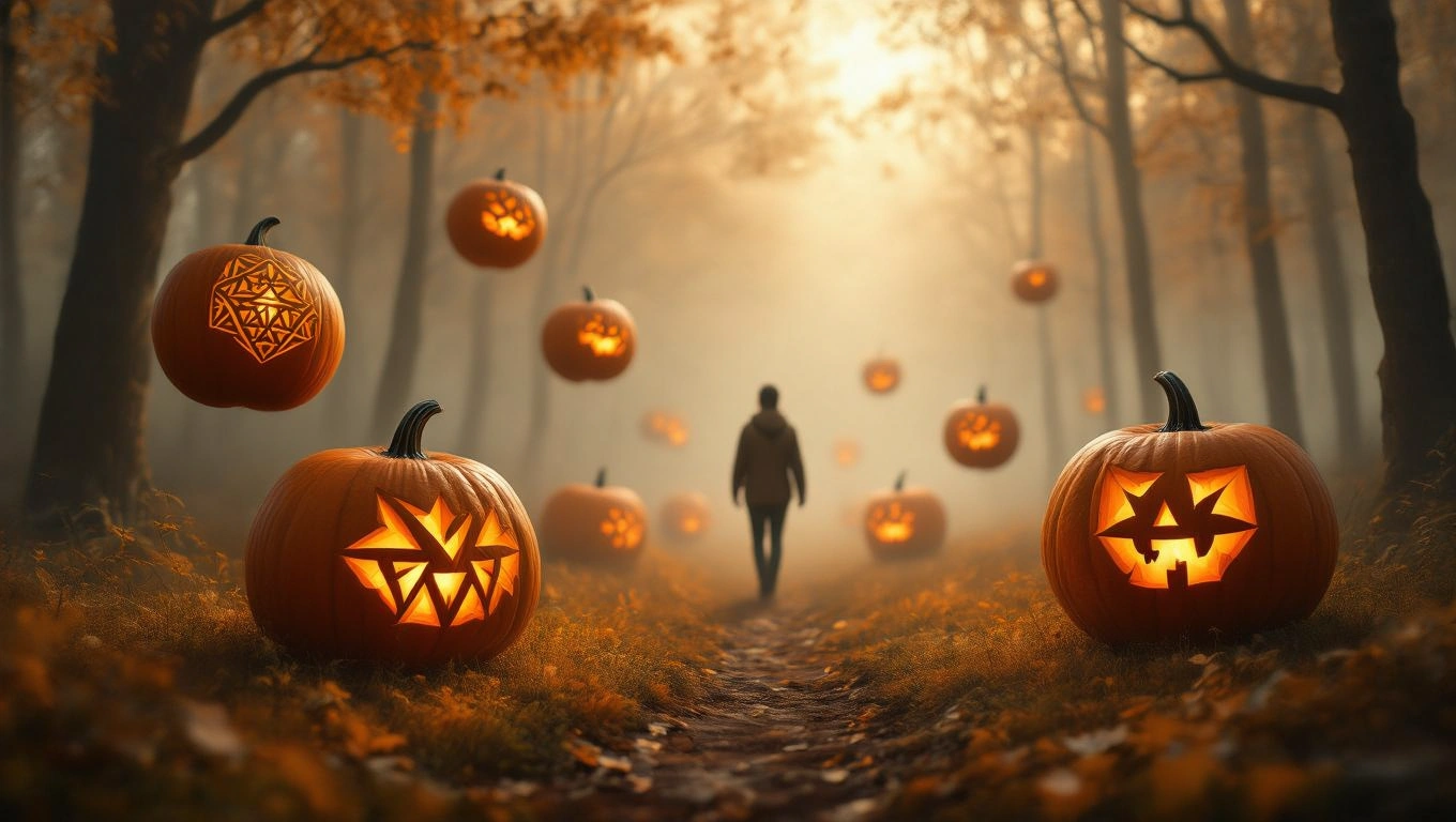 Un bărbat merge pe un drum înconjurat de dovleci sculptați, lumina caldă a toamnei creează o atmosferă de mister și creativitate.