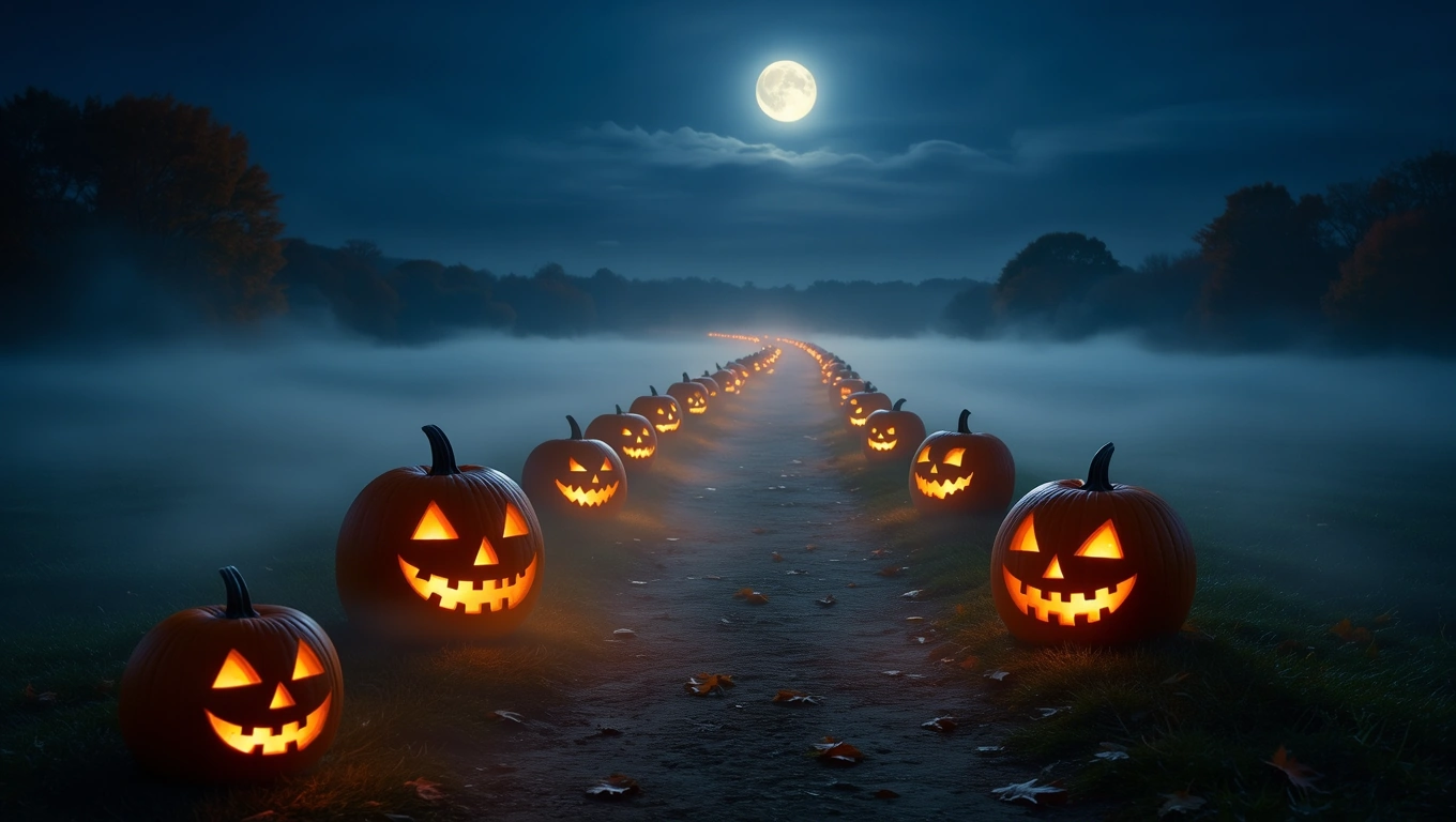 O alee întunecată iluminată de dovleci sculptați, cu fețe zâmbitoare, sub lumina lunii pline.