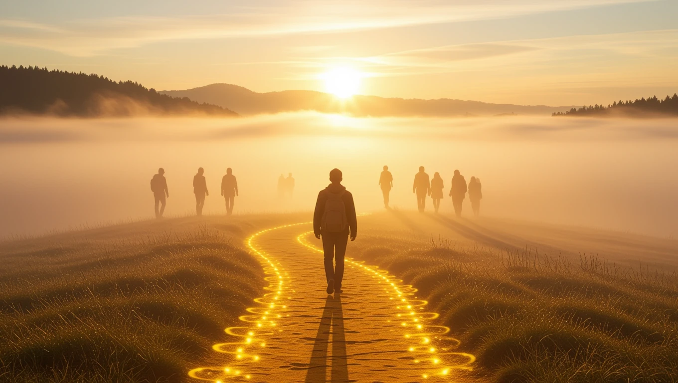 O persoană merge pe un drum luminos, înconjurată de ceață, simbolizând oportunități și încredere în vis.