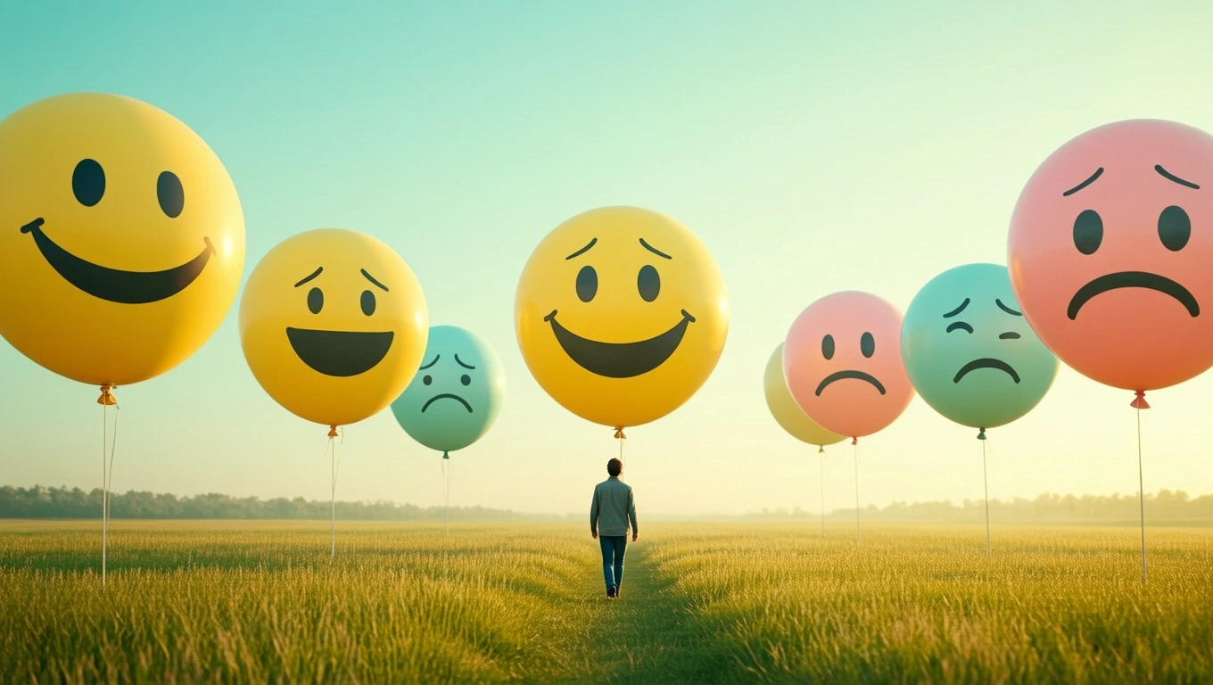 Un bărbat merge pe un câmp, înconjurat de baloane cu fețe zâmbitoare și triste, simbolizând emoțiile diverse.