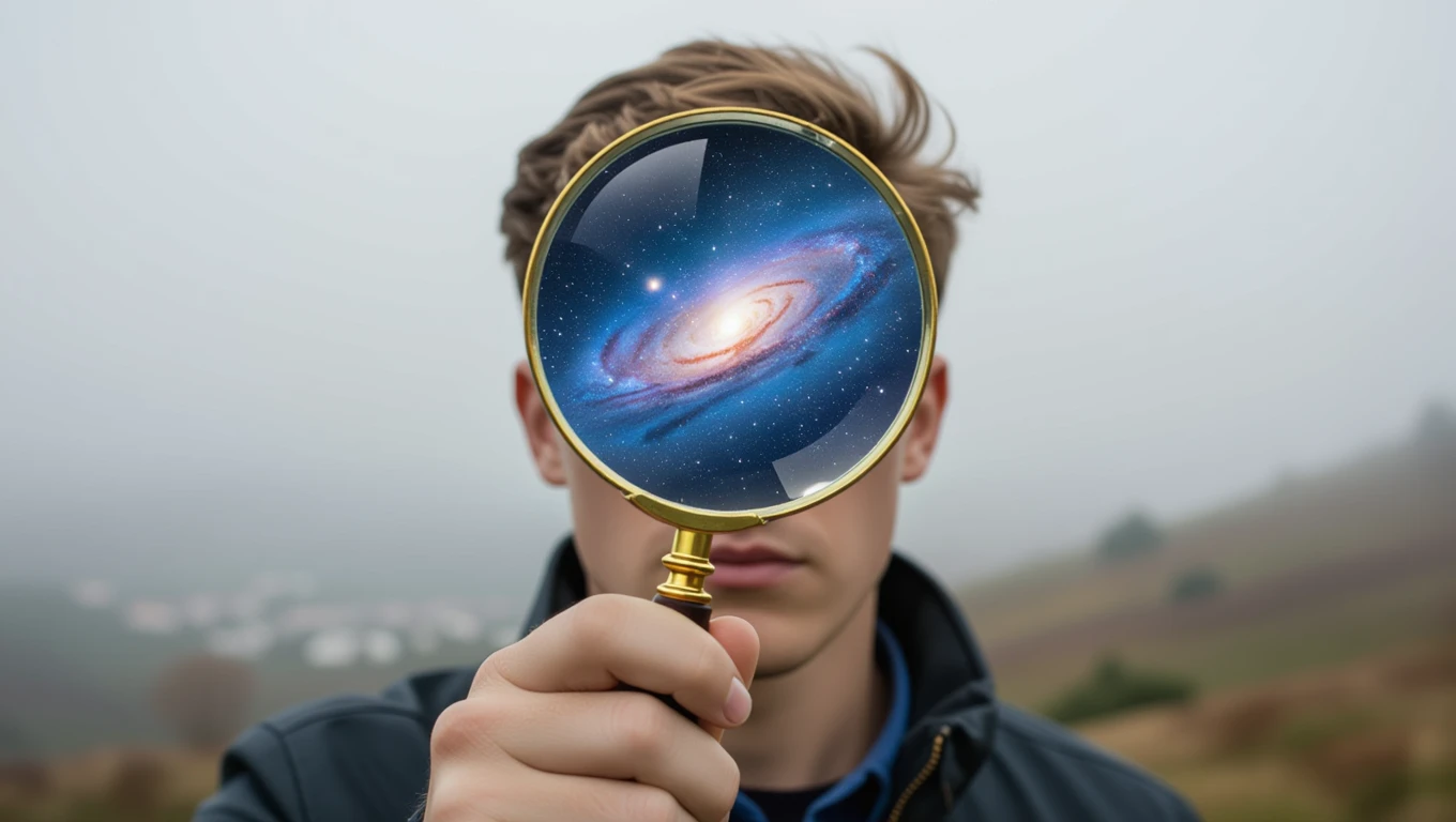Un tânăr ținând o lupă care reflectă o galaxie, simbolizând explorarea detaliilor ascunse.