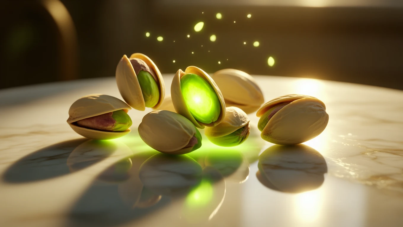 Un grup de fisticuri deschise, cu miez verde strălucitor, pe o masă lucioasă, simbolizând prosperitate și abundență.