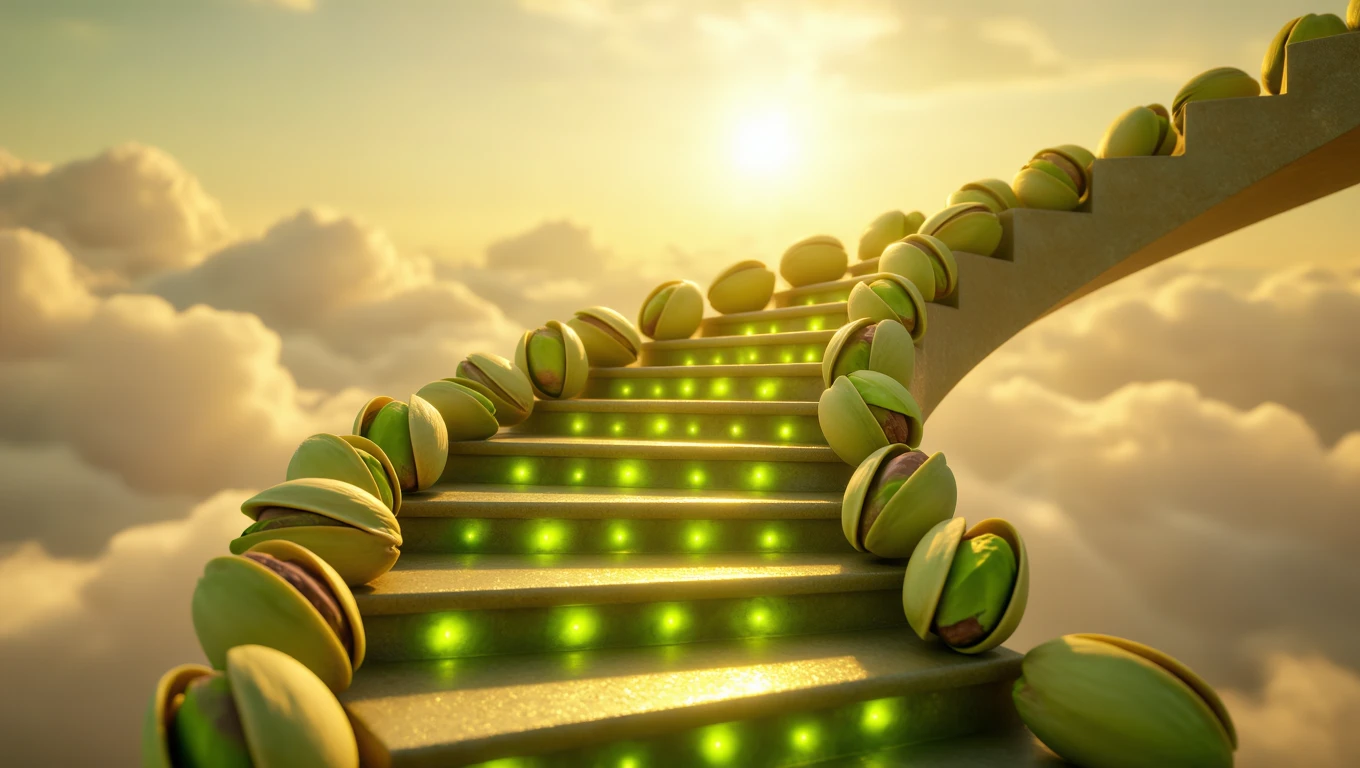 O scară cu fistic pe trepte, simbolizând prosperitate și oportunități în visuri.