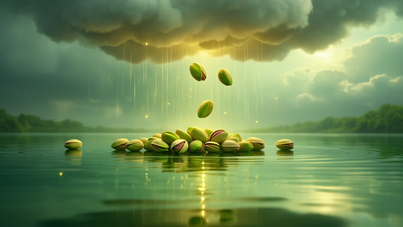 O mulțime de fisticuri verzi plutind pe apă, sub nori întunecați, simbolizând abundența și prosperitatea.