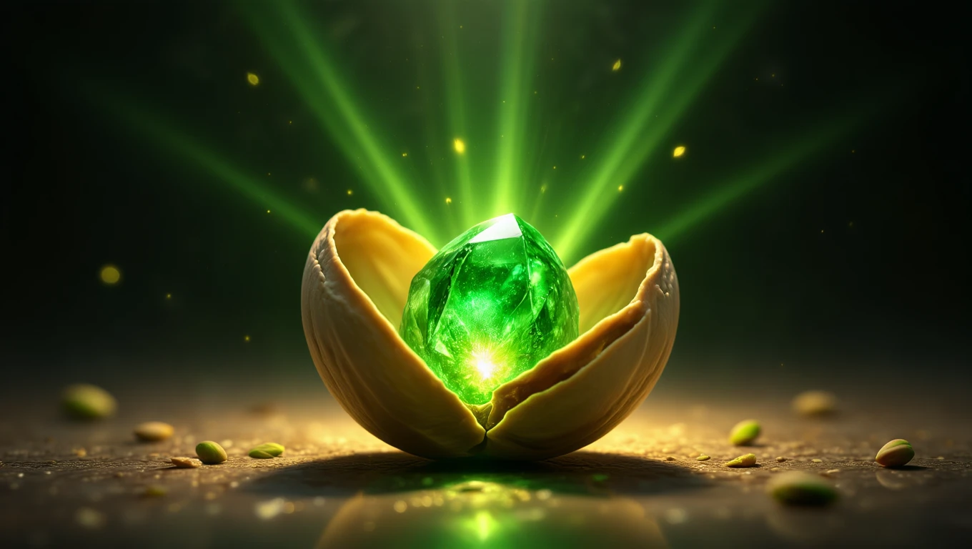 O jumătate de fistic deschis, cu o piatră prețioasă verde strălucitoare în interior, simbolizând prosperitate.