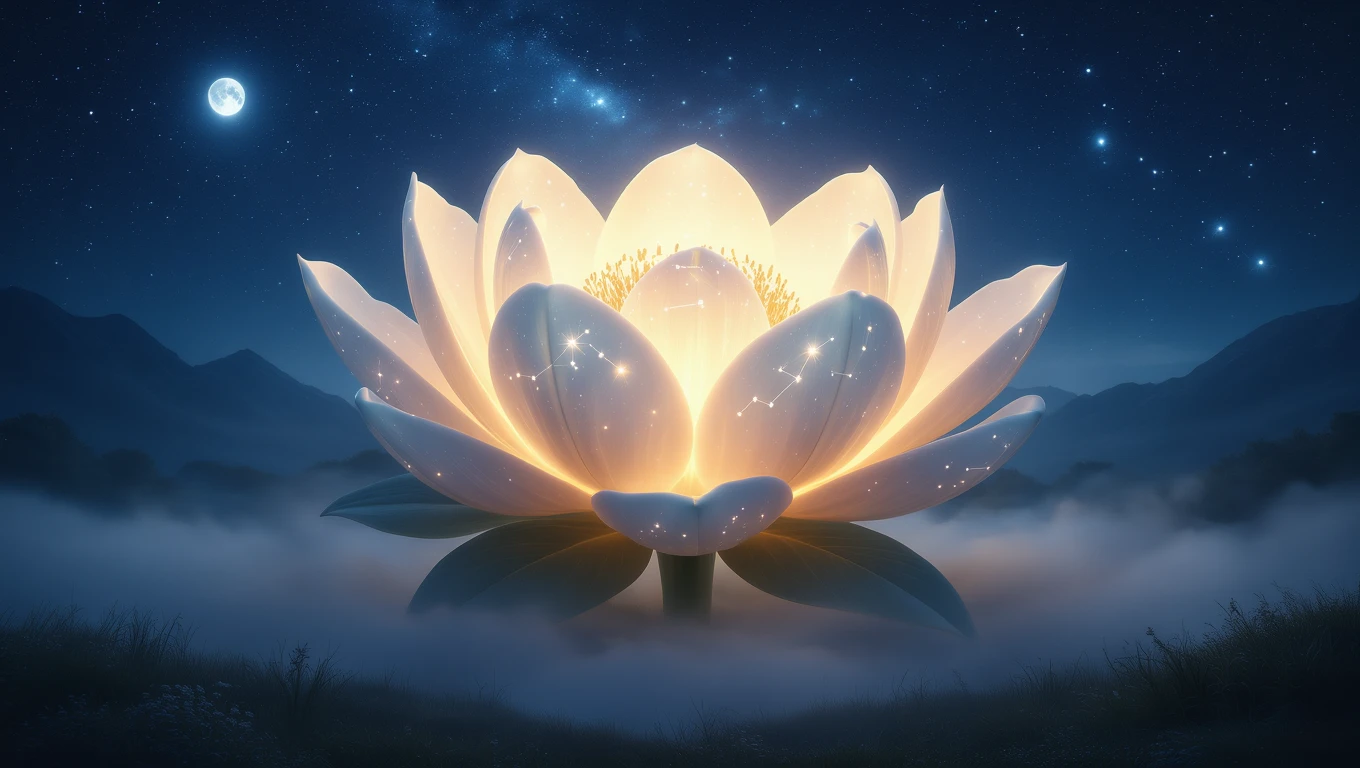 O floare de lotus strălucitoare, învăluită în ceață, sub un cer nocturn plin de stele.