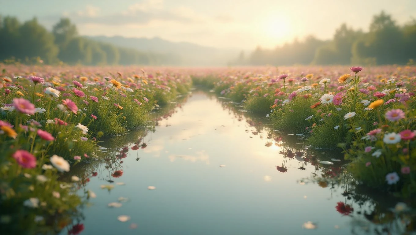 Un câmp plin de flori colorate, cu un pârâu care reflectă lumina soarelui la răsărit.