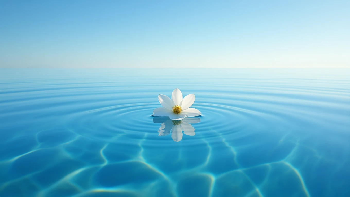 O floare albă de lotus plutește pe o apă liniștită, simbolizând puritatea și inocența visurilor.