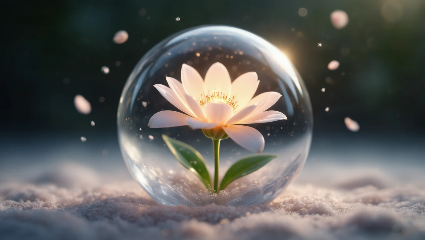 O floare delicată, iluminată din interior, într-o sferă de sticlă, simbolizând frumusețea și renașterea.