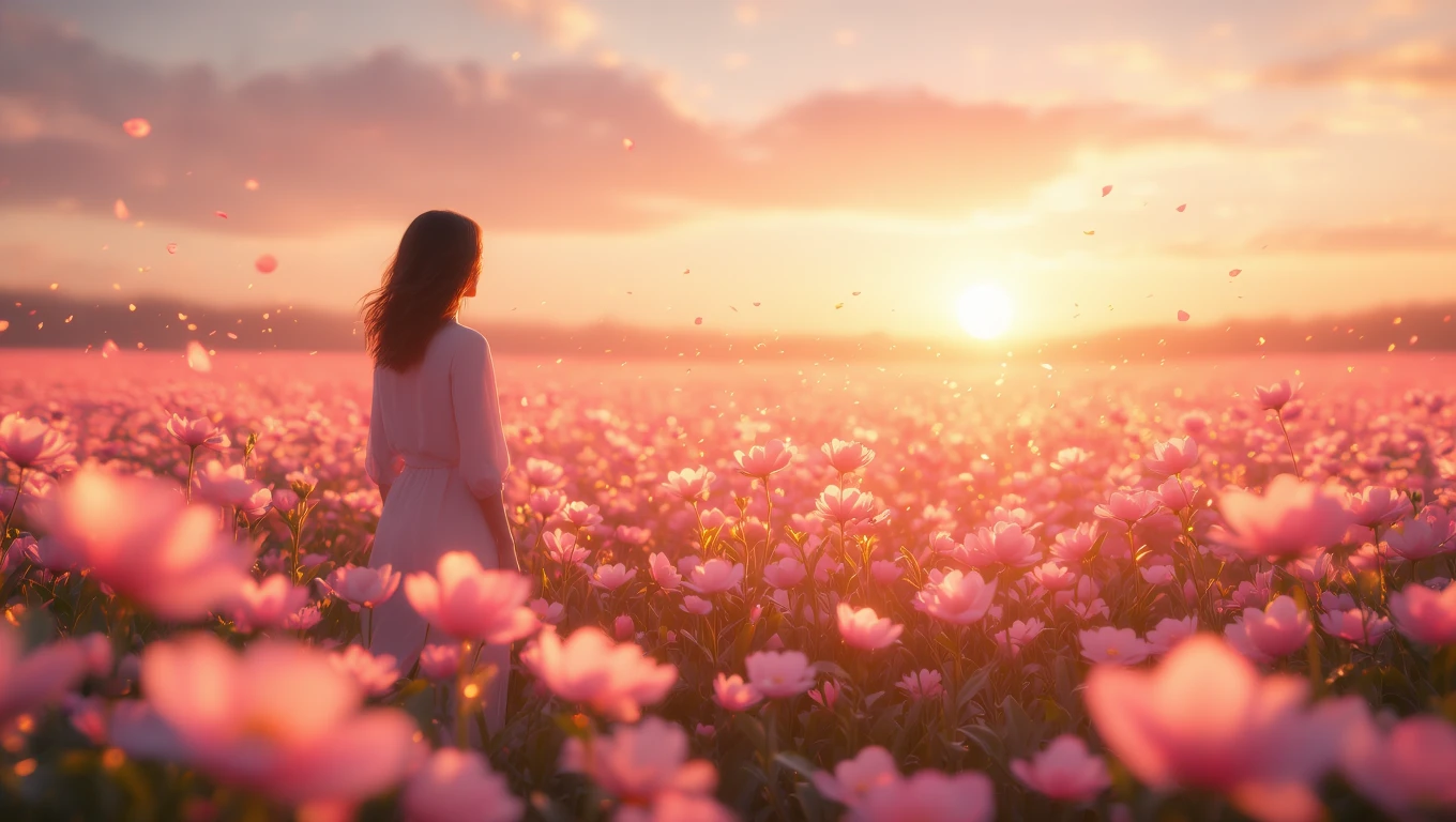 O femeie stă într-un câmp plin de flori roz, admirând apusul soarelui, simbolizând speranța și noi începuturi.