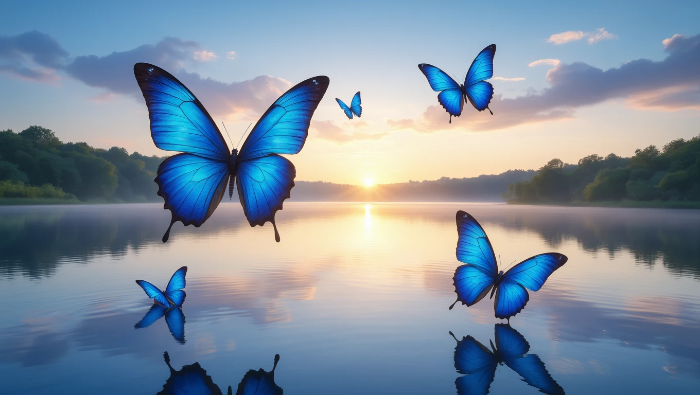 Un peisaj idilic cu fluturi azurii zburând deasupra unei ape liniștite, simbolizând pacea și claritatea gândurilor.
