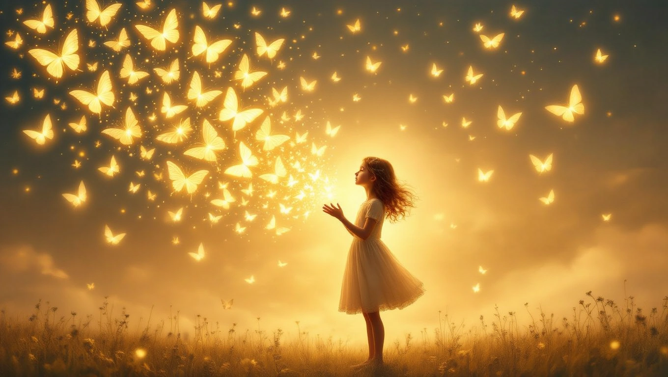 O fetiță în rochie albă, înconjurată de fluturi aurii, simbolizând frumusețea și noi începuturi.