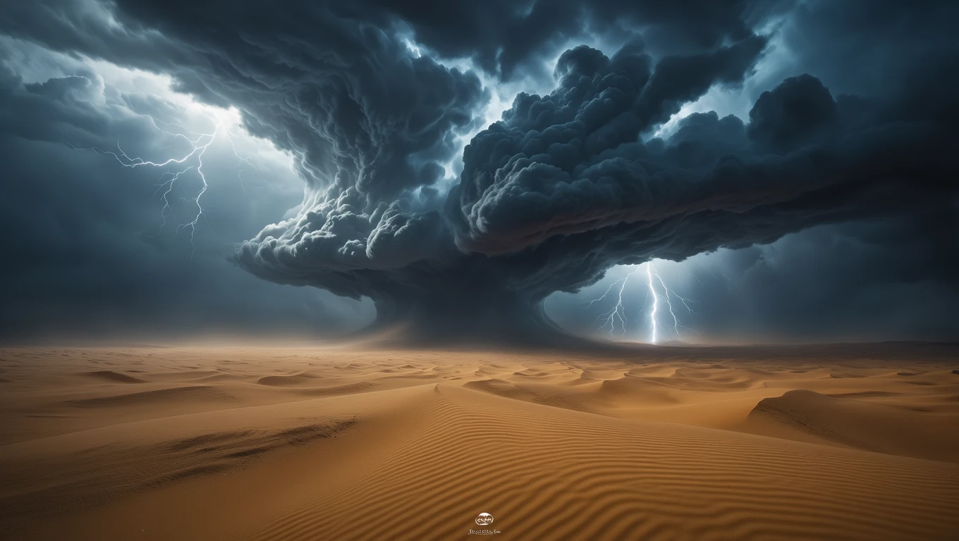 O furtună amenințătoare se formează deasupra unui peisaj de nisip, cu nori întunecați și fulgere strălucitoare.