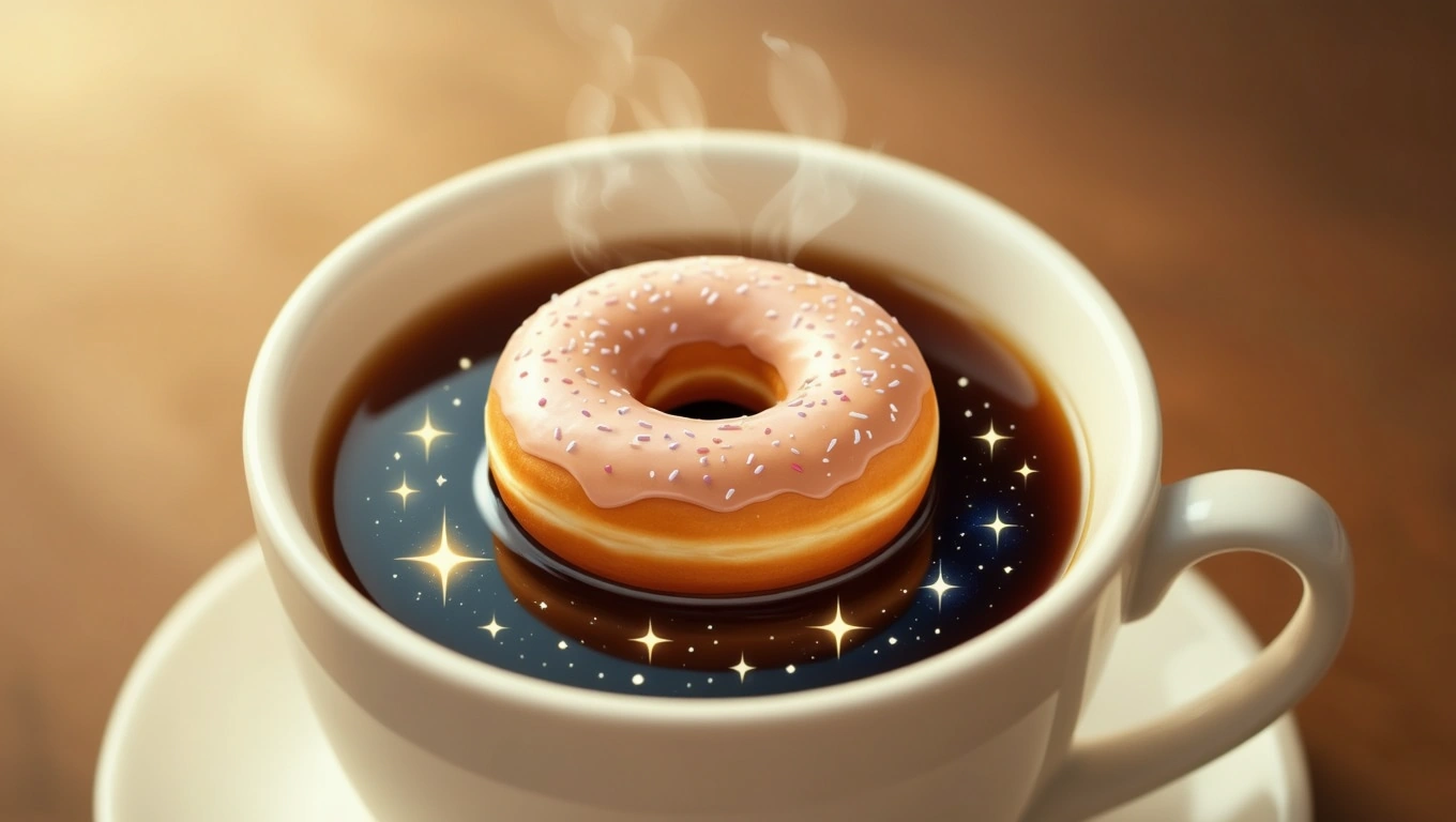 O gogoașă roz cu sprinkles plutește într-o ceașcă de cafea aburindă, înconjurată de stele strălucitoare.