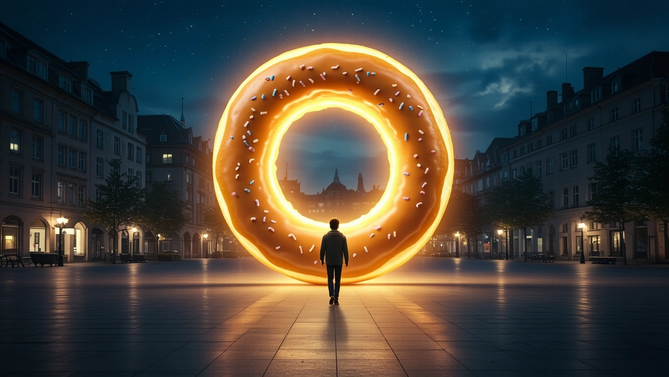 Un bărbat stă în fața unei gogoașe luminoase, simbolizând dorința de răsfăț și bucurii simple.