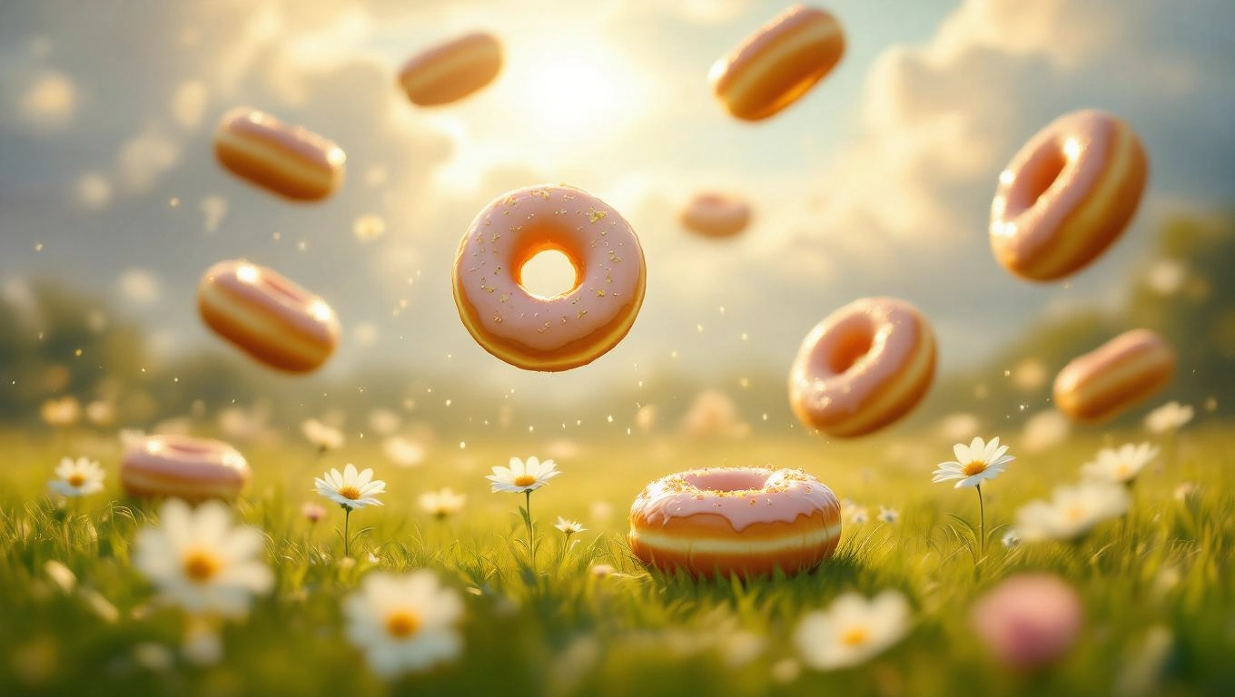 O imagine vibrantă cu gogoașe zburând printr-un câmp plin de flori, sub un cer senin.