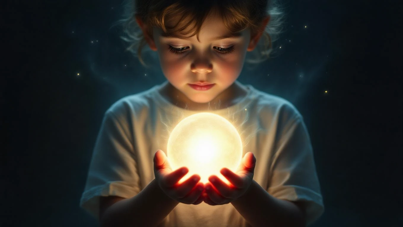 Un copil ținând în mâini o sferă luminoasă, simbolizând inocența și puritatea viselor.