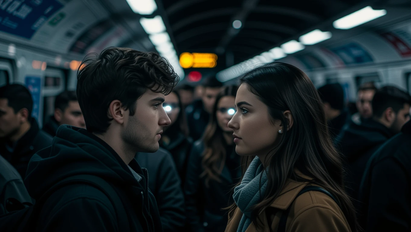 Un tânăr și o tânără se privesc intens într-un metrou aglomerat, simbolizând întâlniri noi și conexiuni profunde.